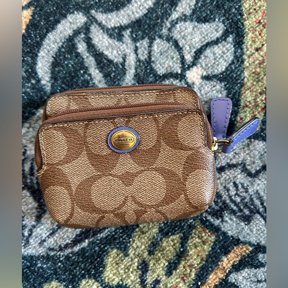 Coach Tan and Periwinkle Purple Blue Monogram Coin Pouch - Picture 1 of 2
